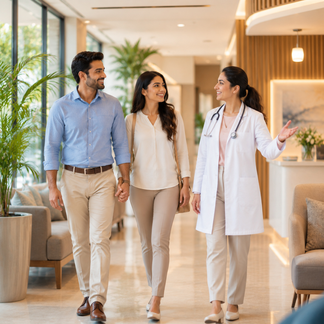 Doctor consulting with a couple holding hands in a warm, welcoming environment at Agam Fertility Center